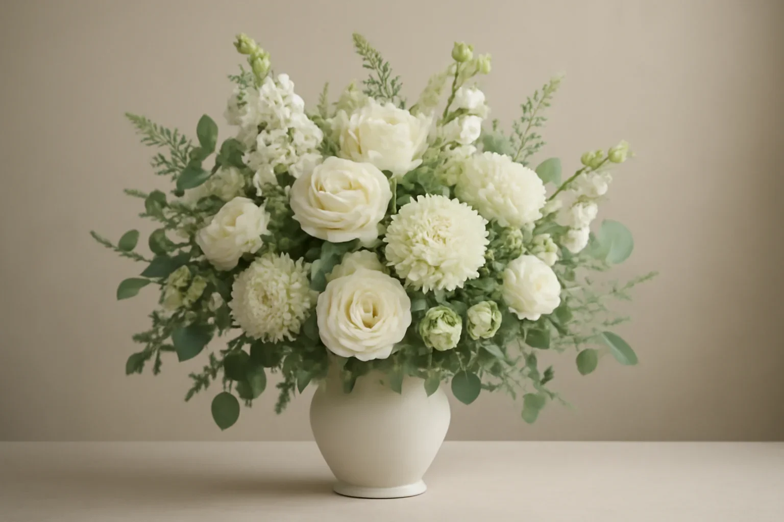 Elegant sympathy flowers in whites, greens, and soft neutrals