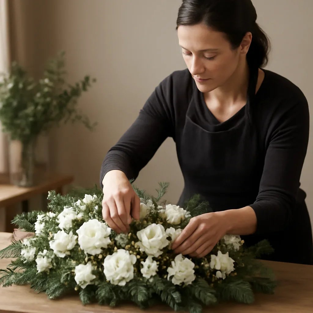 Florist carefully arranging a tribute with soft white blooms and foliage