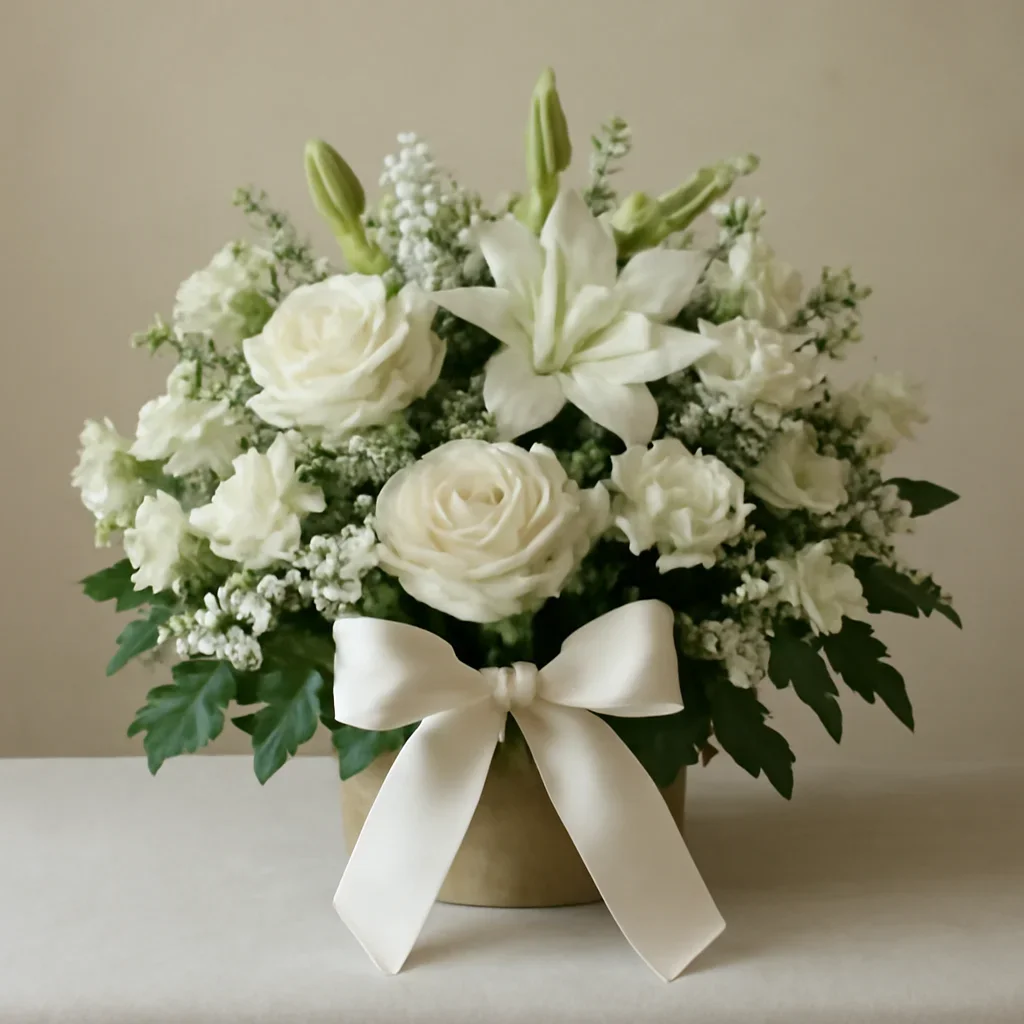 Finished sympathy arrangement with ribbon and understated presentation