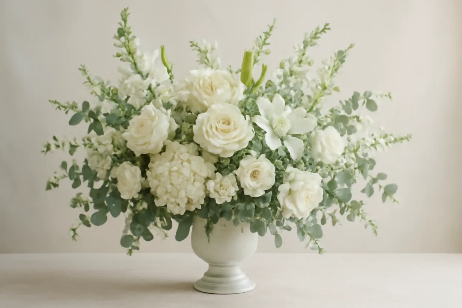 Elegant sympathy flowers in whites, greens, and soft neutrals
