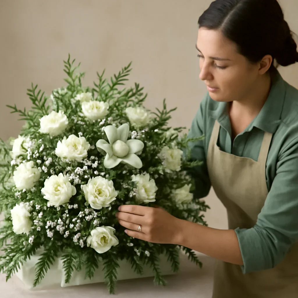 Florist carefully arranging a tribute with soft white blooms and foliage