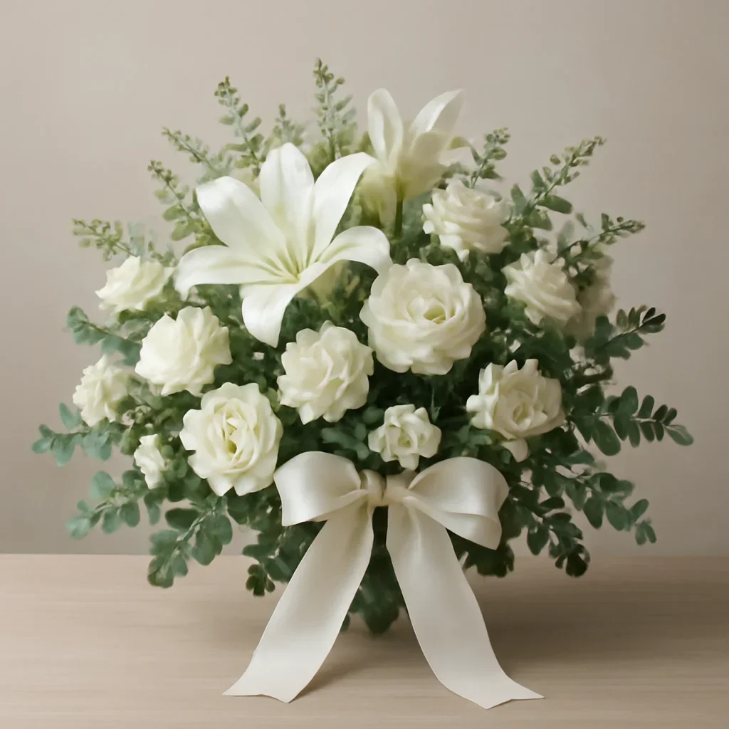 Finished sympathy arrangement with ribbon and understated presentation