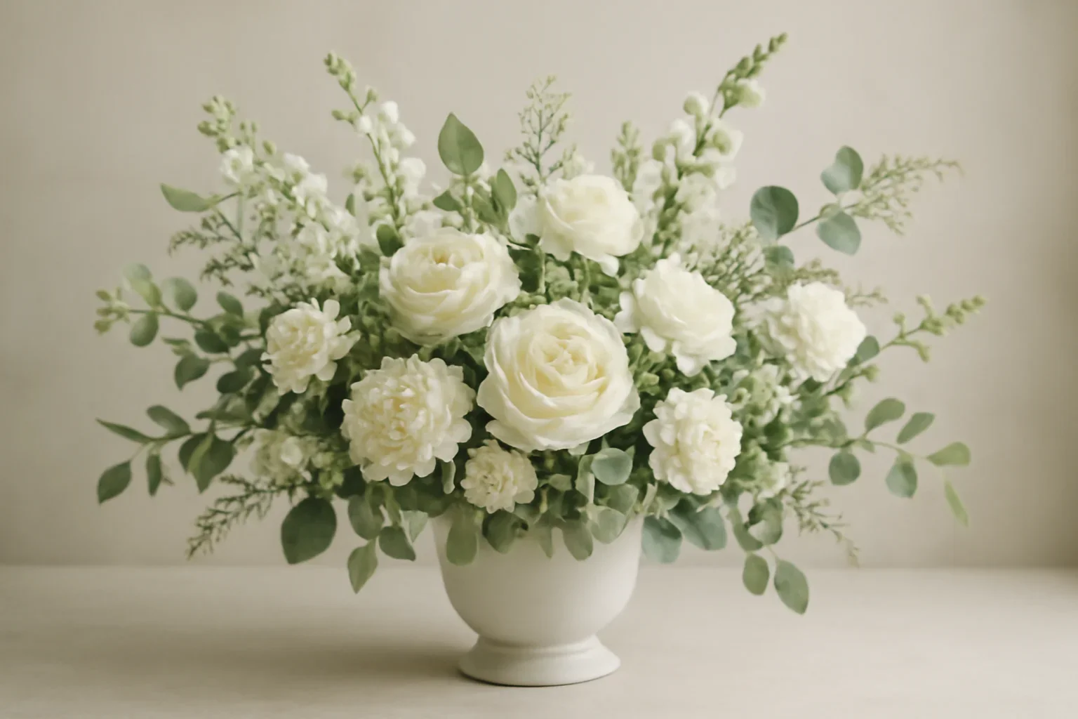 Elegant sympathy flowers in whites, greens, and soft neutrals