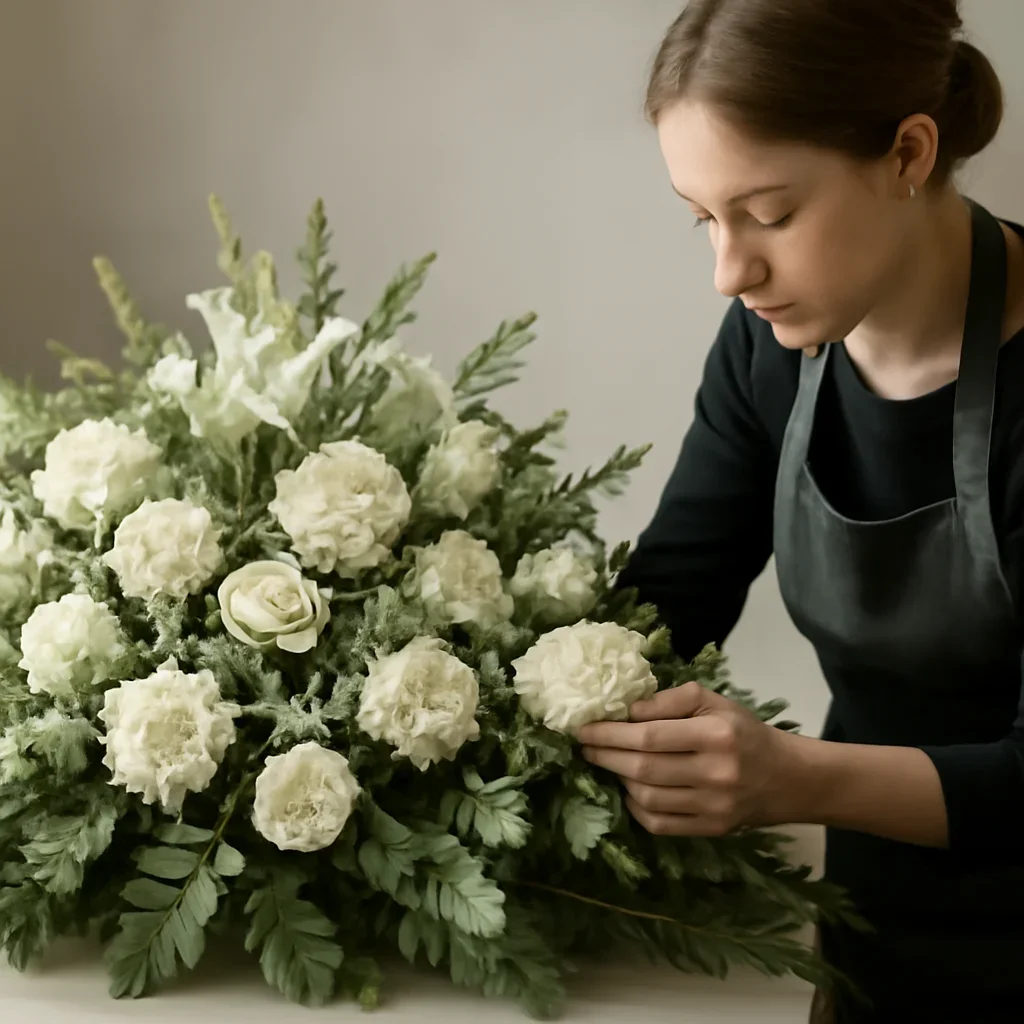 Florist carefully arranging a tribute with soft white blooms and foliage