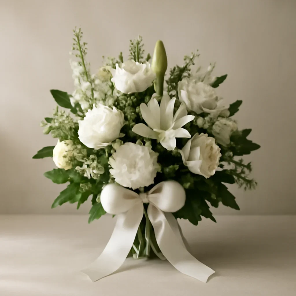 Finished sympathy arrangement with ribbon and understated presentation