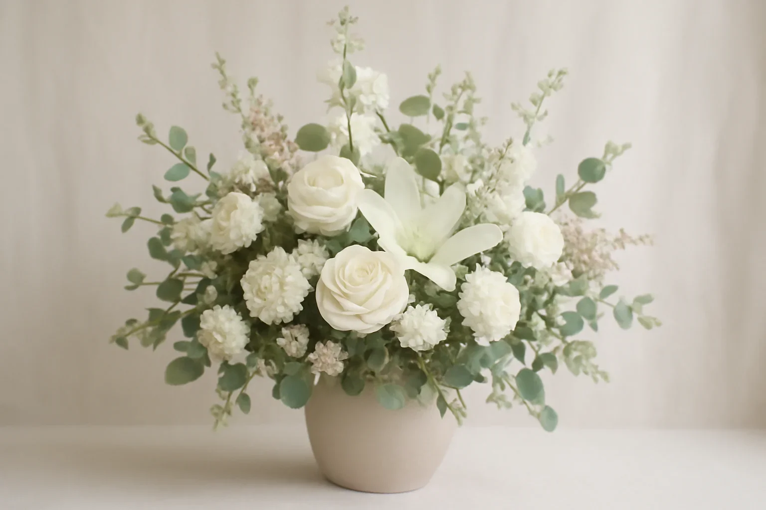 Elegant sympathy flowers in whites, greens, and soft neutrals