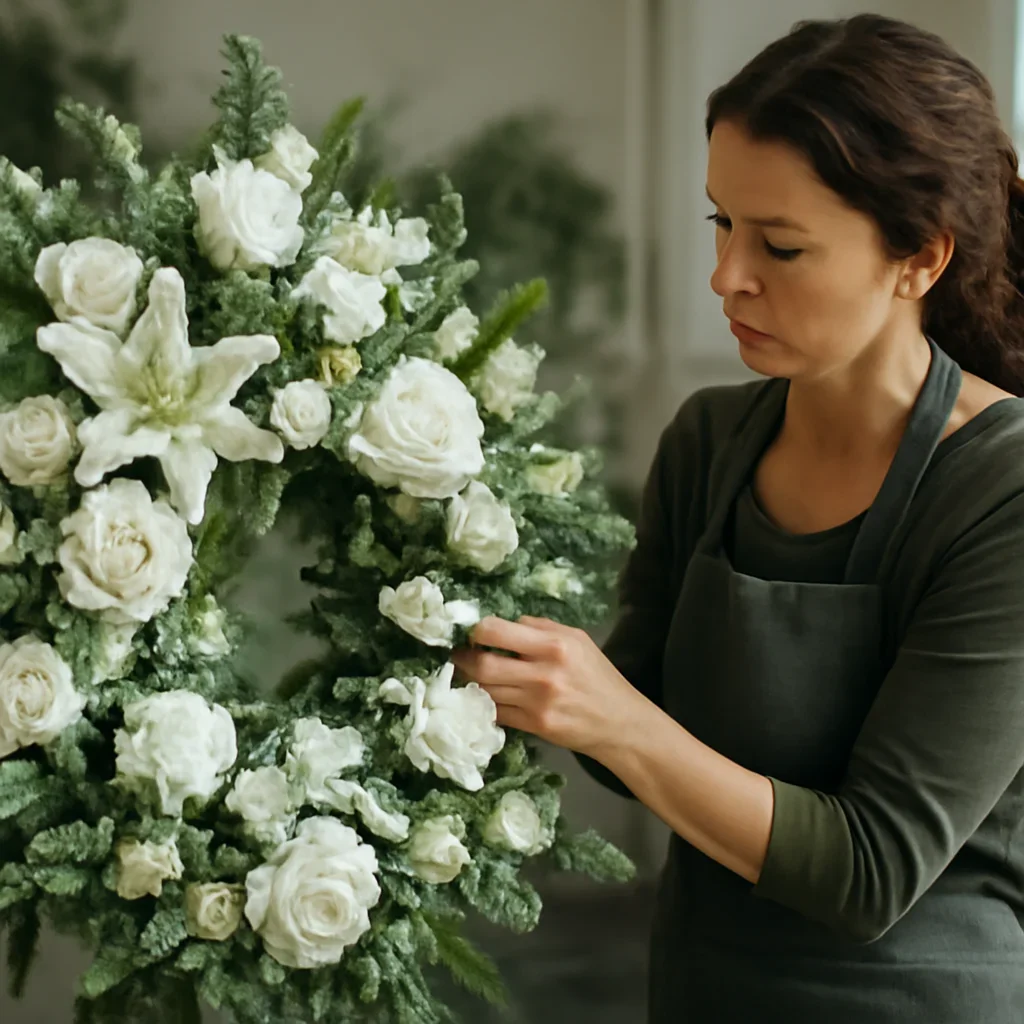 Florist carefully arranging a tribute with soft white blooms and foliage
