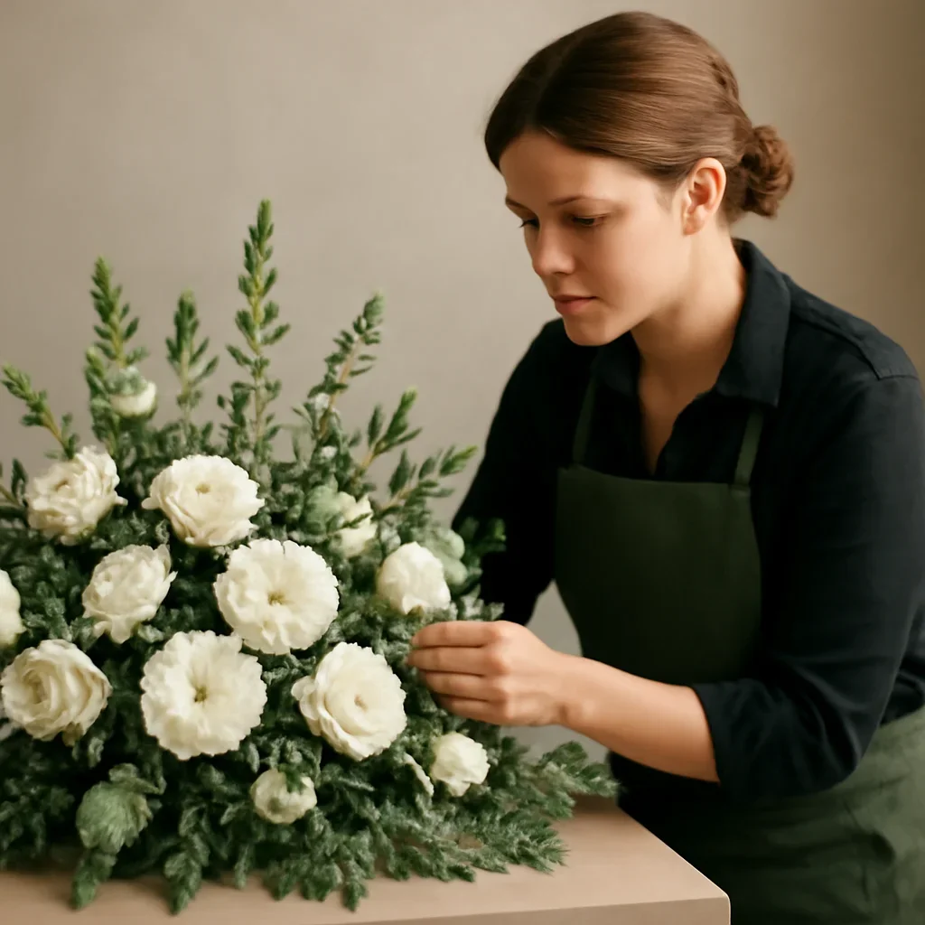 Florist carefully arranging a tribute with soft white blooms and foliage