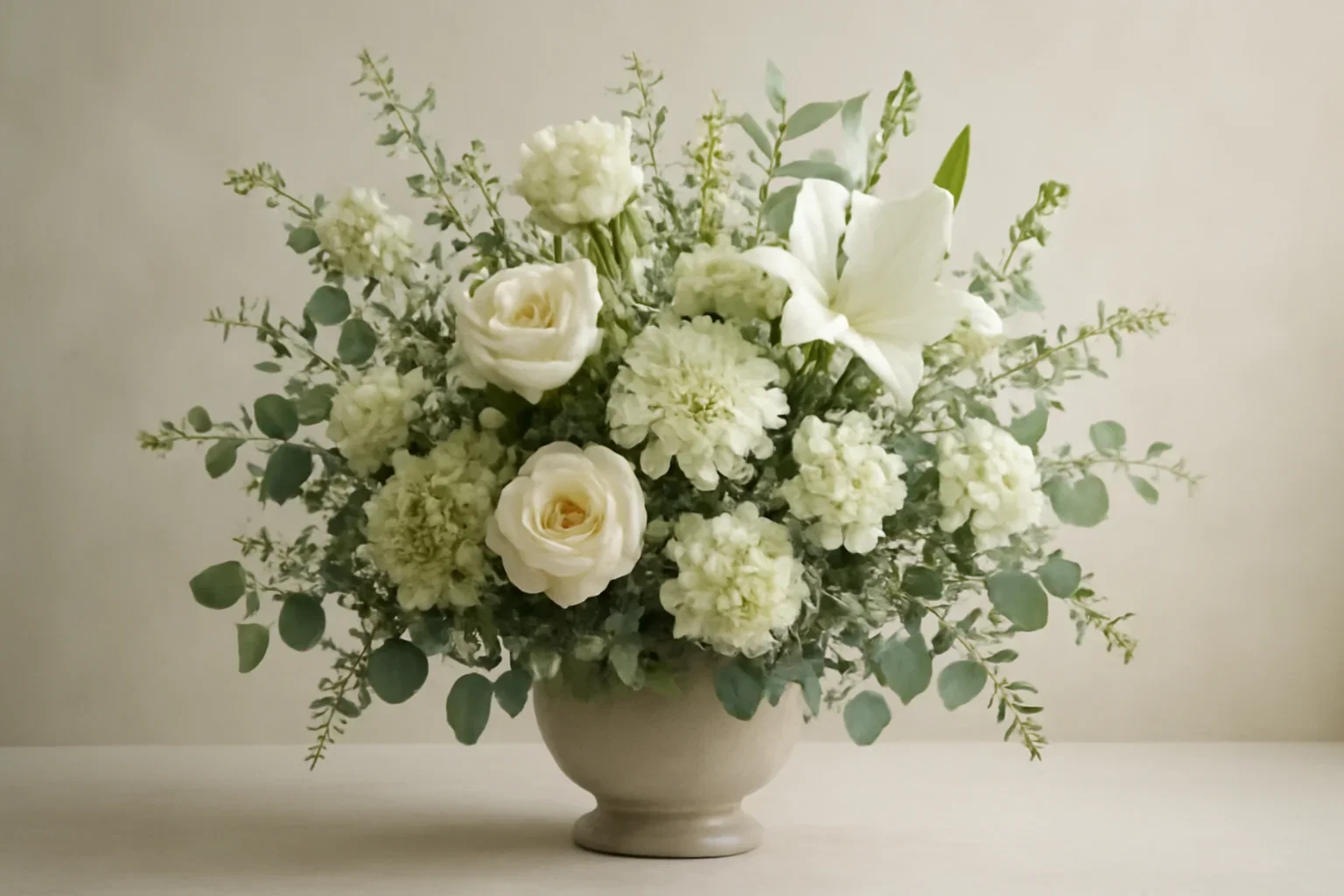 Elegant sympathy flowers in whites, greens, and soft neutrals
