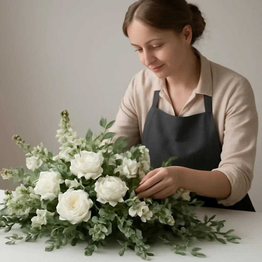 Florist carefully arranging a tribute with soft white blooms and foliage