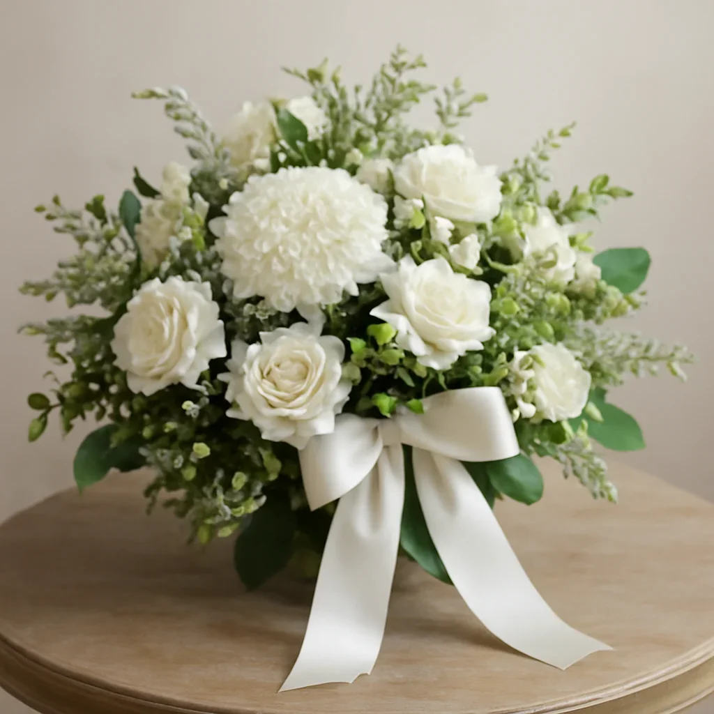 Finished sympathy arrangement with ribbon and understated presentation