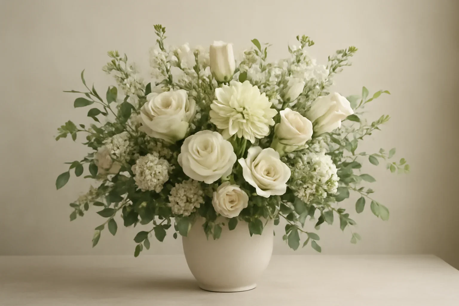 Elegant sympathy flowers in whites, greens, and soft neutrals
