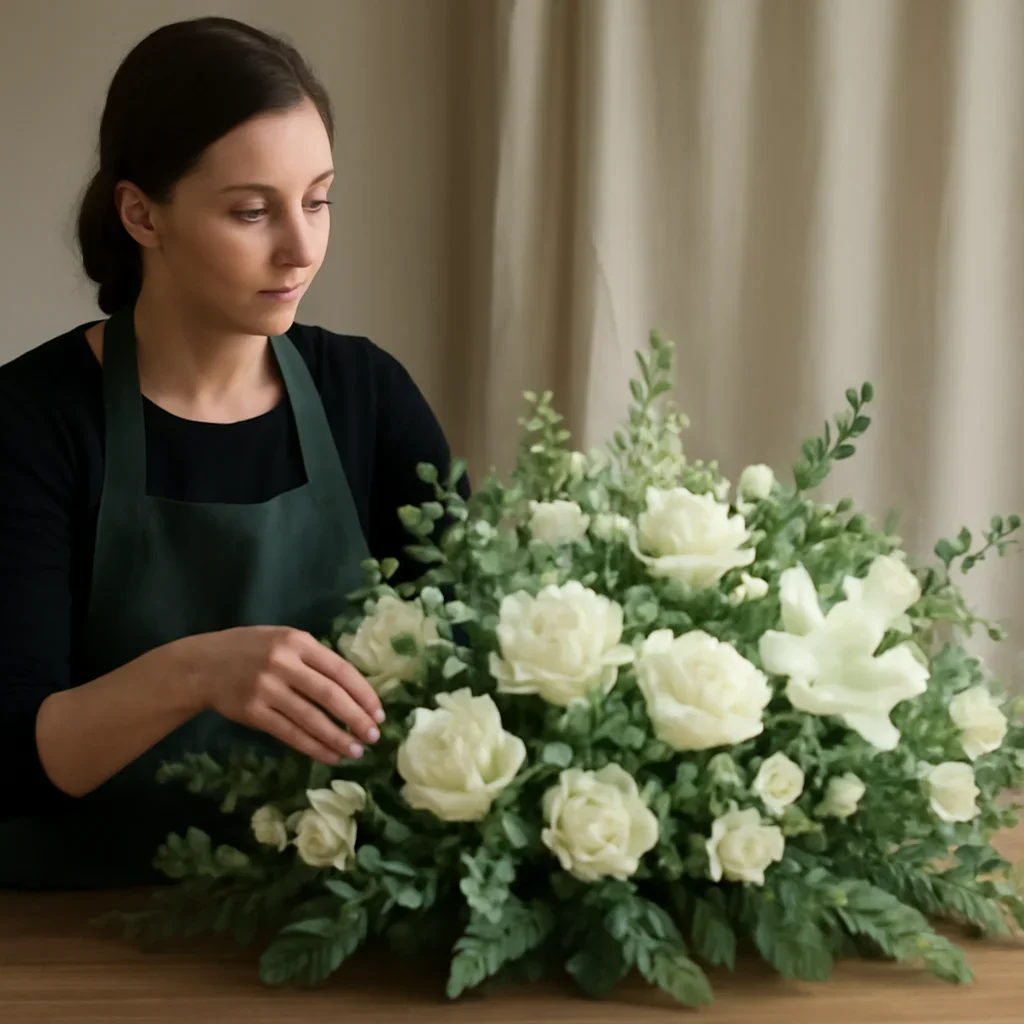 Florist carefully arranging a tribute with soft white blooms and foliage