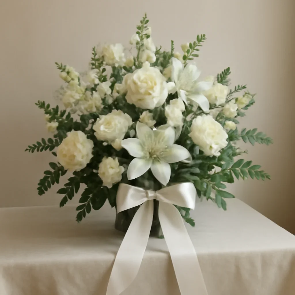 Finished sympathy arrangement with ribbon and understated presentation