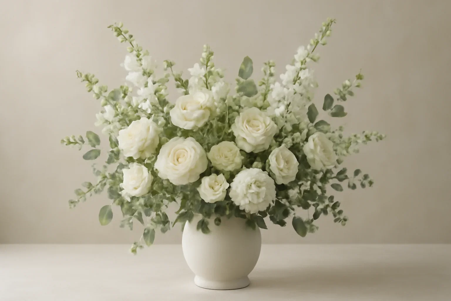 Elegant sympathy flowers in whites, greens, and soft neutrals