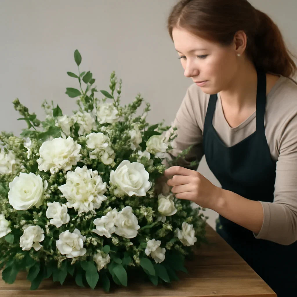 Florist carefully arranging a tribute with soft white blooms and foliage
