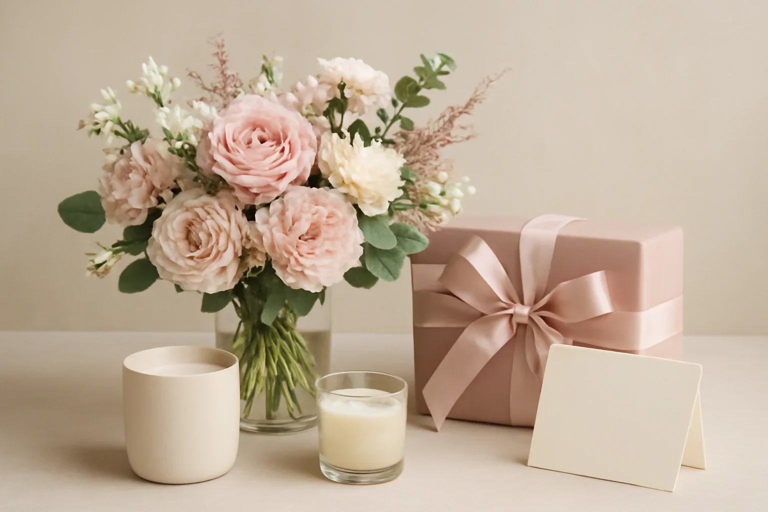 Flowers paired with a thoughtful gift in soft blush and neutral tones