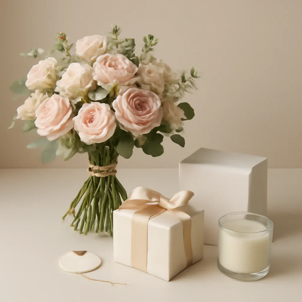 Gift add-ons displayed beside a hand-tied bouquet on a clean surface