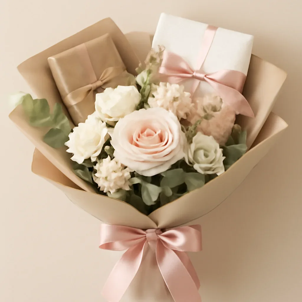 Wrapped bouquet with gift items ready for local delivery