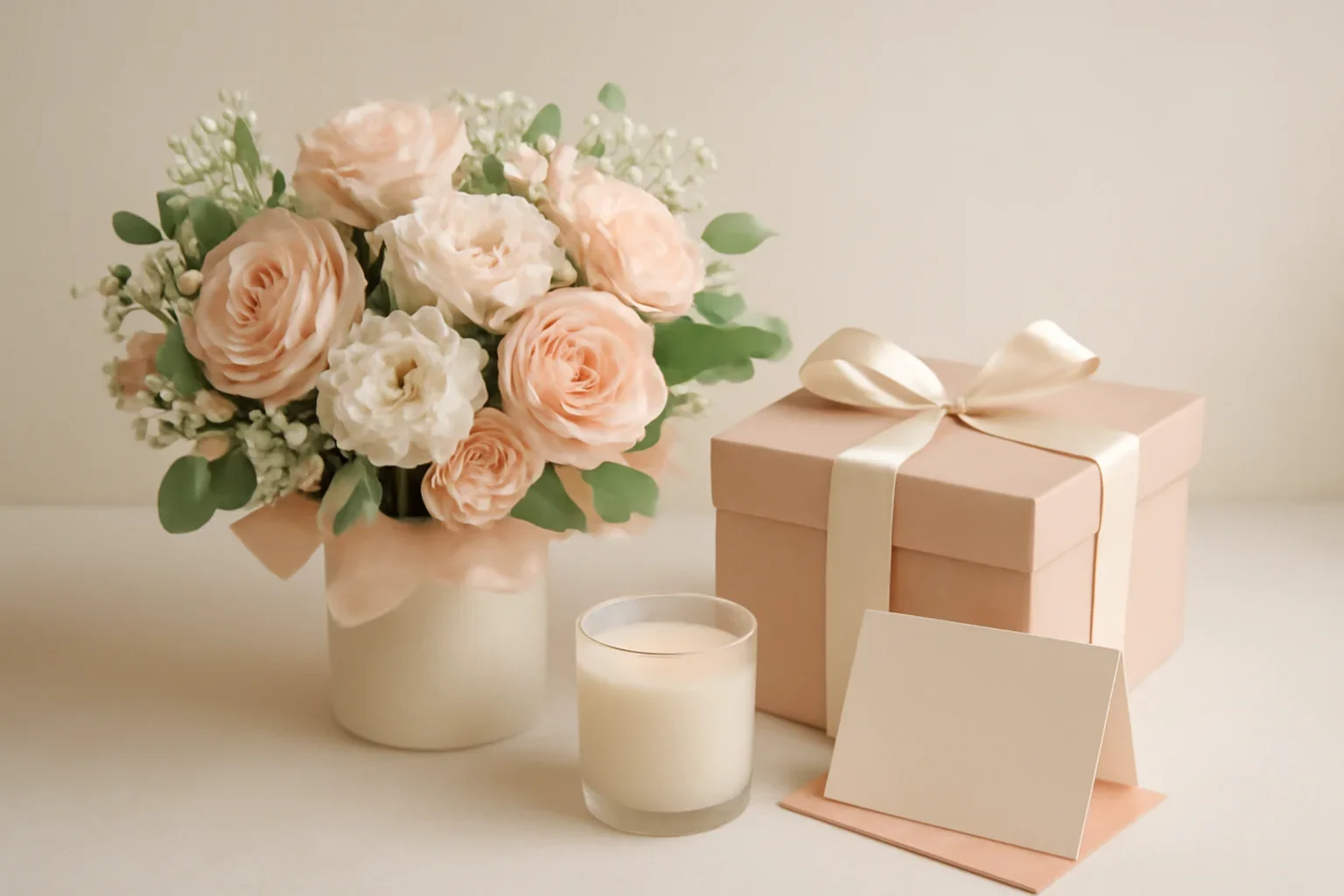 Flowers paired with a thoughtful gift in soft blush and neutral tones