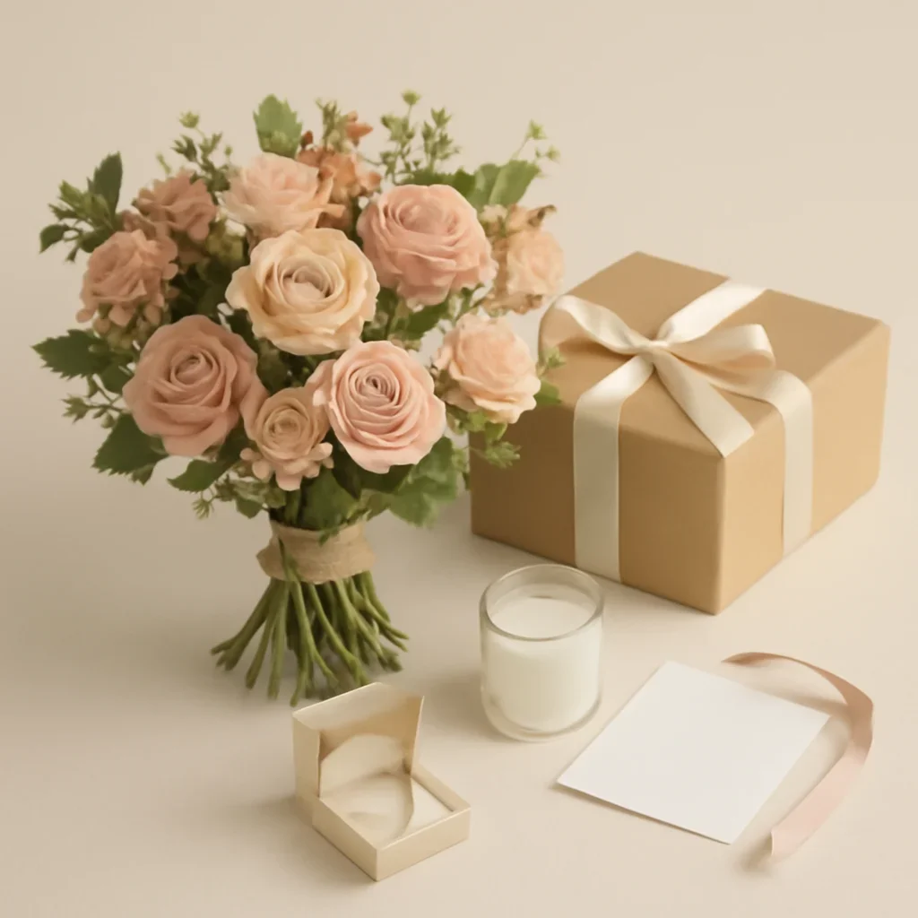 Gift add-ons displayed beside a hand-tied bouquet on a clean surface