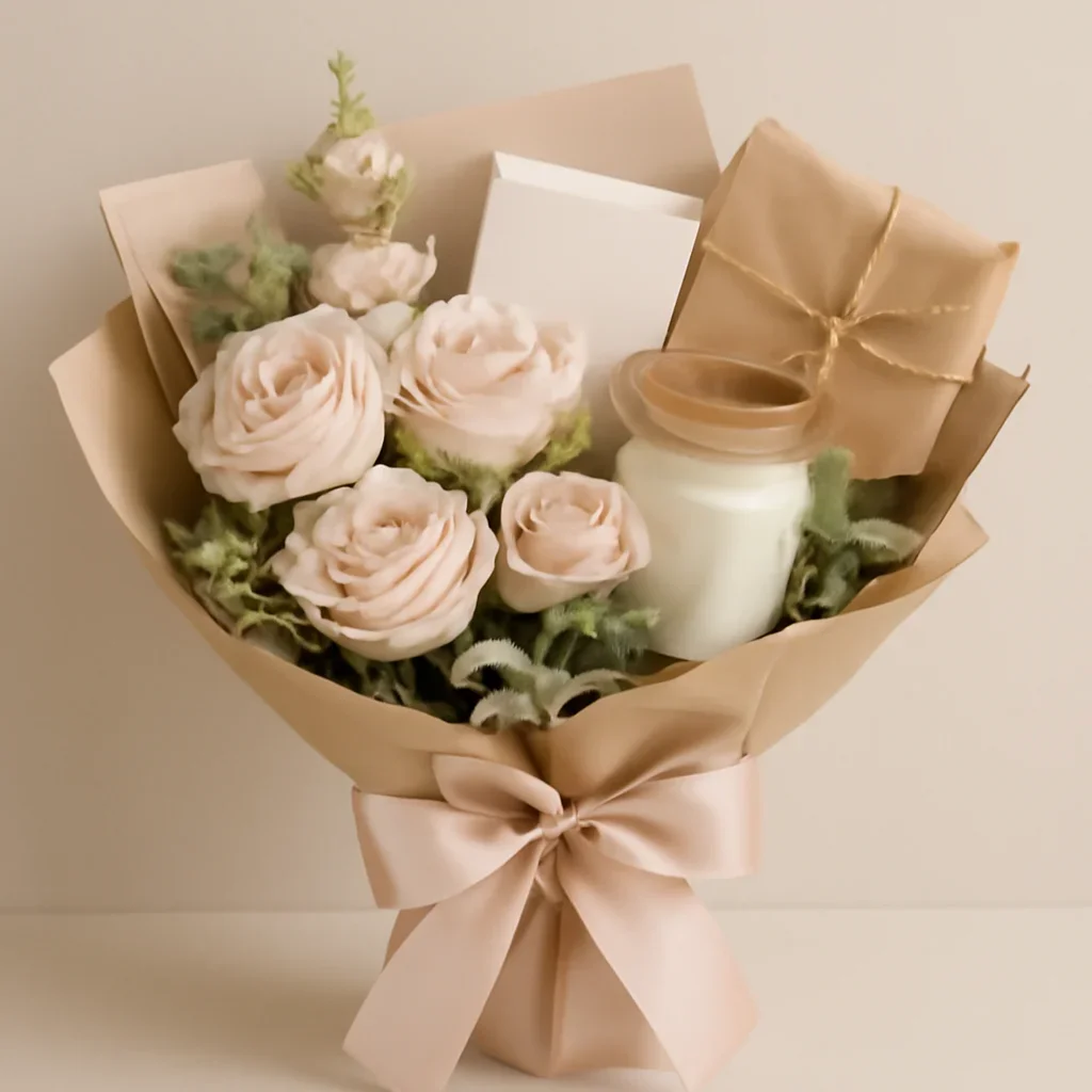 Wrapped bouquet with gift items ready for local delivery