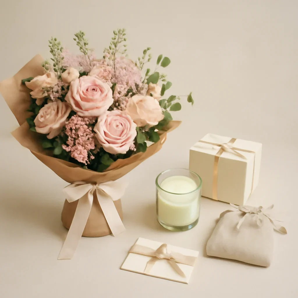 Gift add-ons displayed beside a hand-tied bouquet on a clean surface