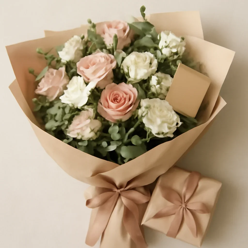 Wrapped bouquet with gift items ready for local delivery