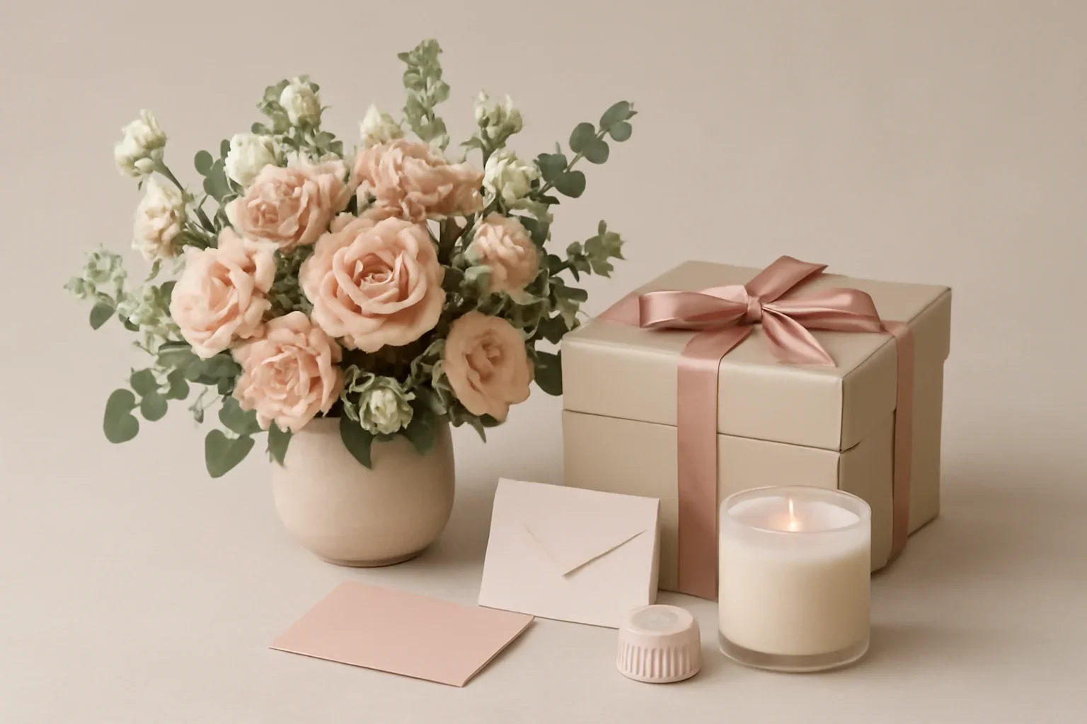Flowers paired with a thoughtful gift in soft blush and neutral tones