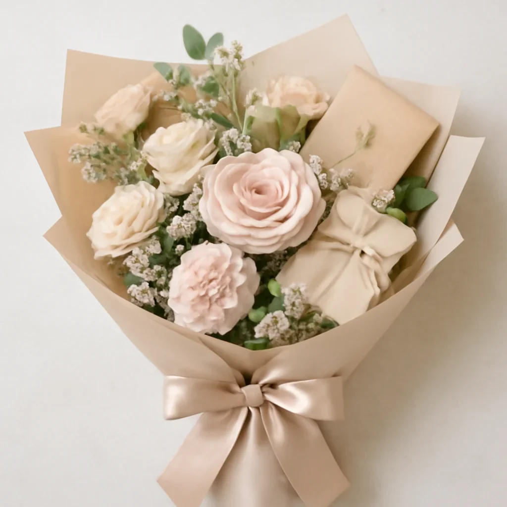 Wrapped bouquet with gift items ready for local delivery