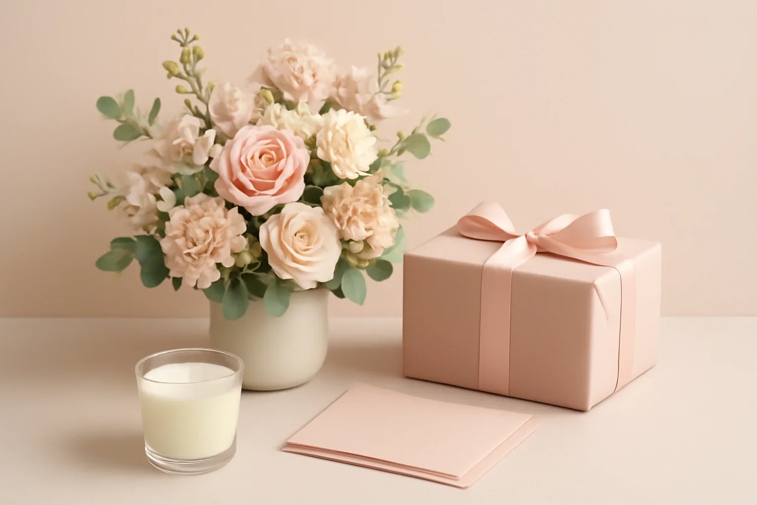 Flowers paired with a thoughtful gift in soft blush and neutral tones