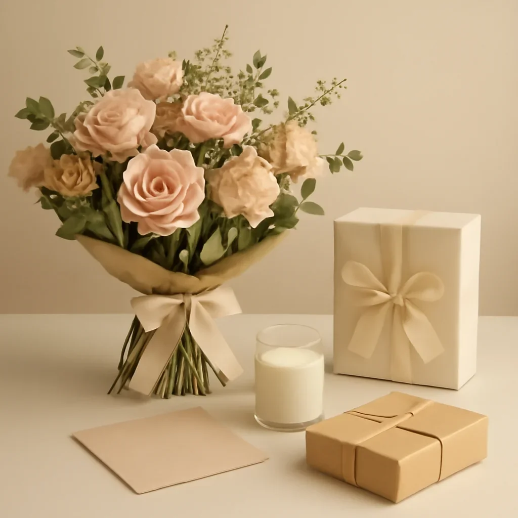 Gift add-ons displayed beside a hand-tied bouquet on a clean surface