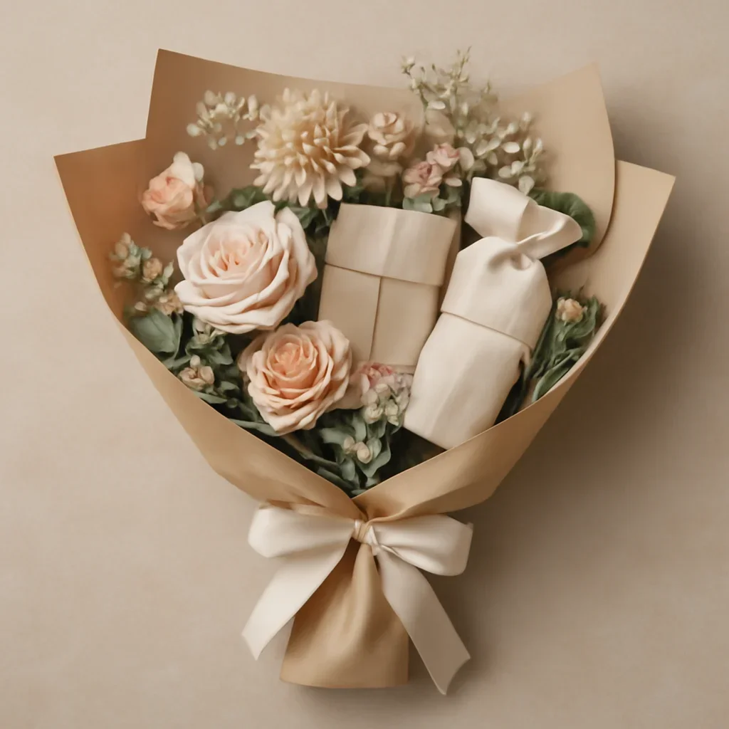 Wrapped bouquet with gift items ready for local delivery