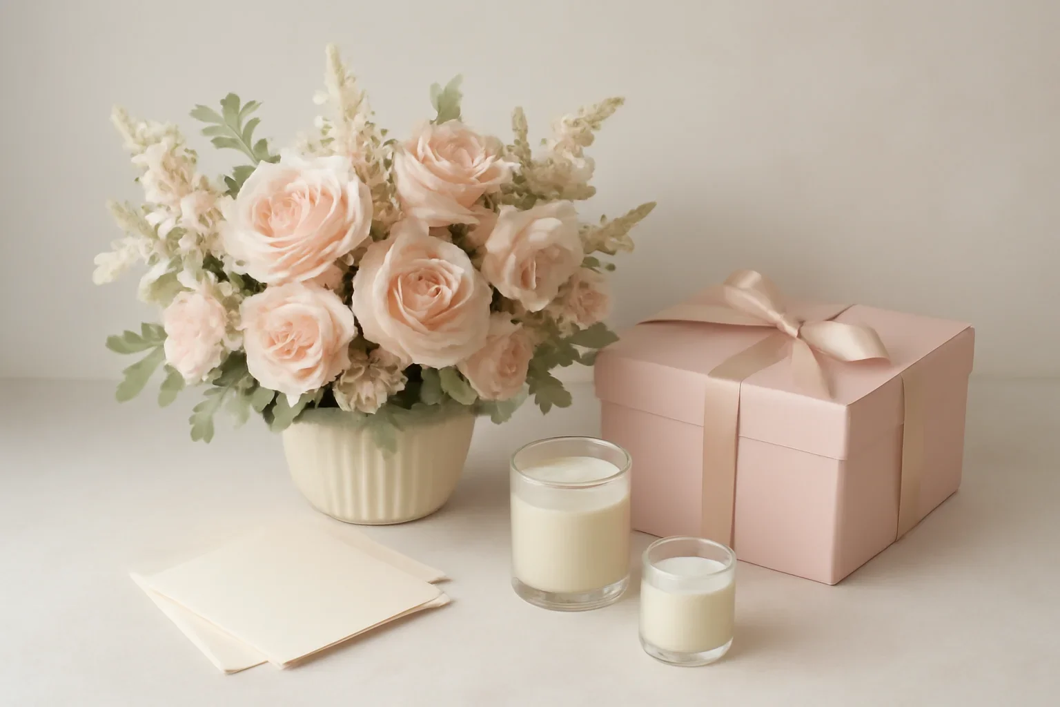 Flowers paired with a thoughtful gift in soft blush and neutral tones