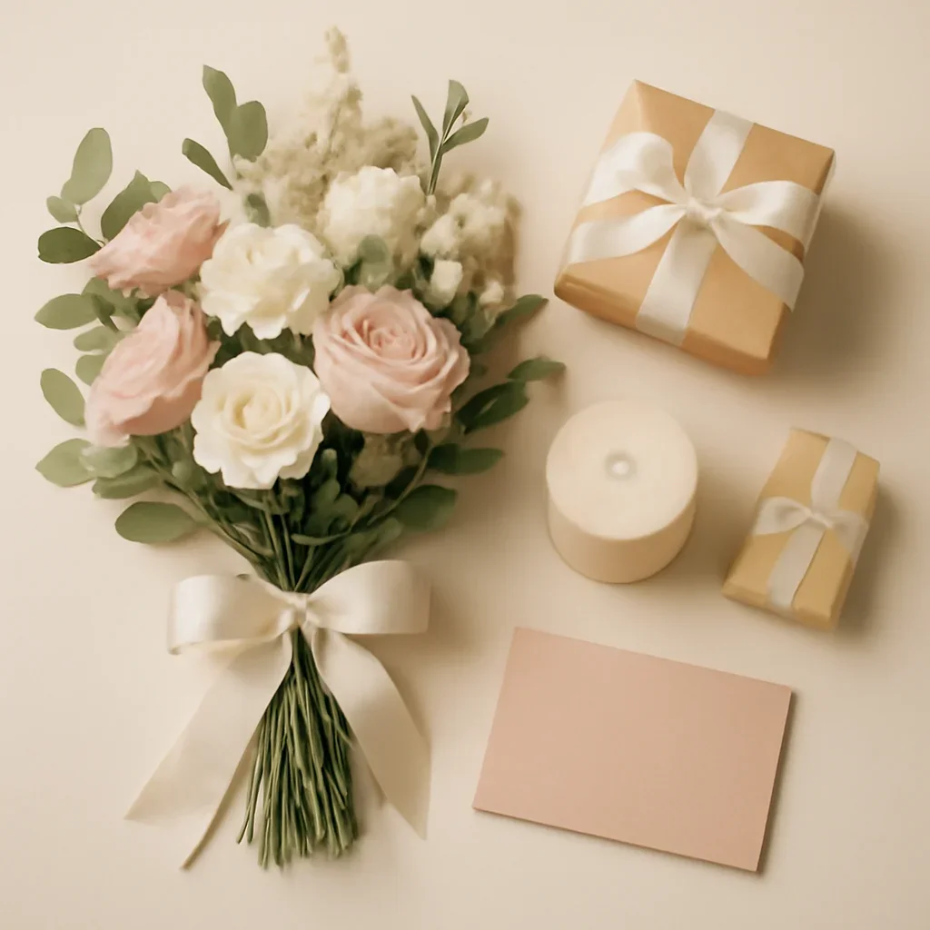 Gift add-ons displayed beside a hand-tied bouquet on a clean surface