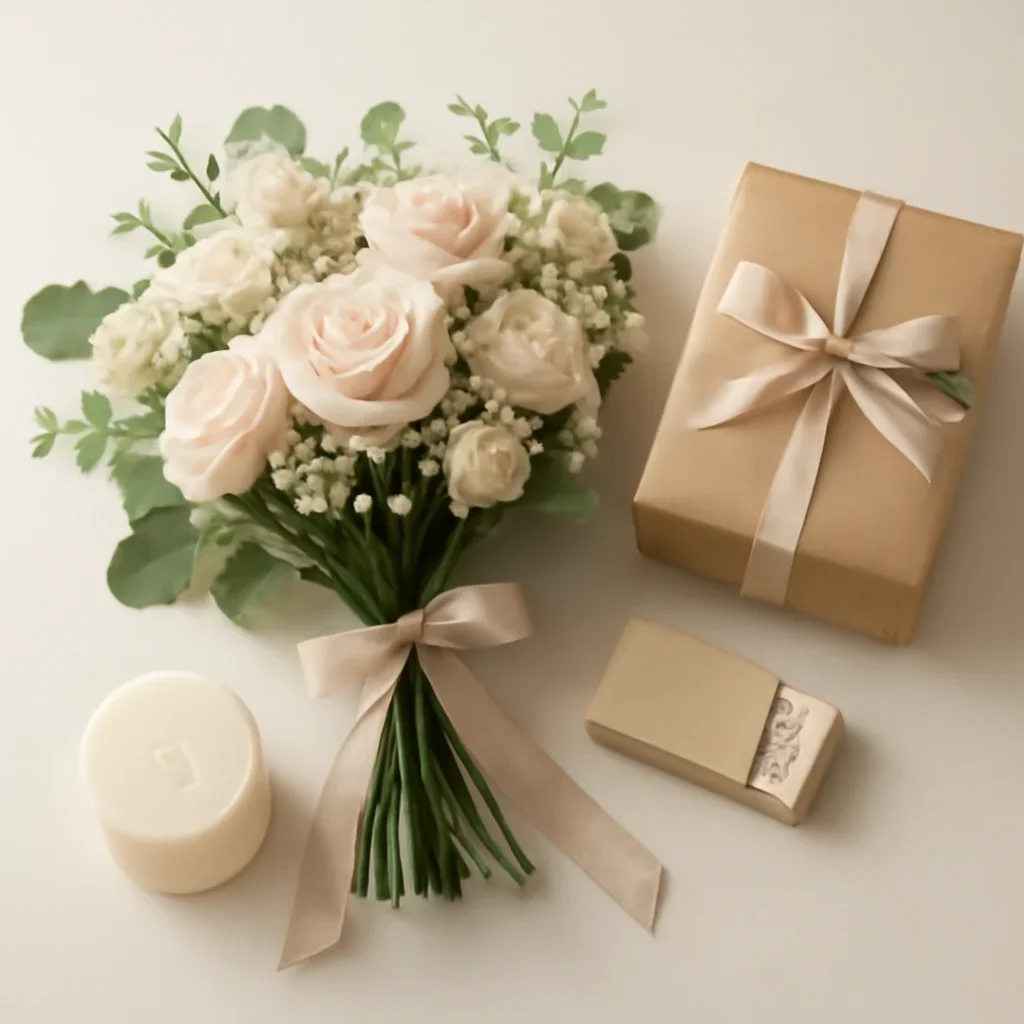 Gift add-ons displayed beside a hand-tied bouquet on a clean surface
