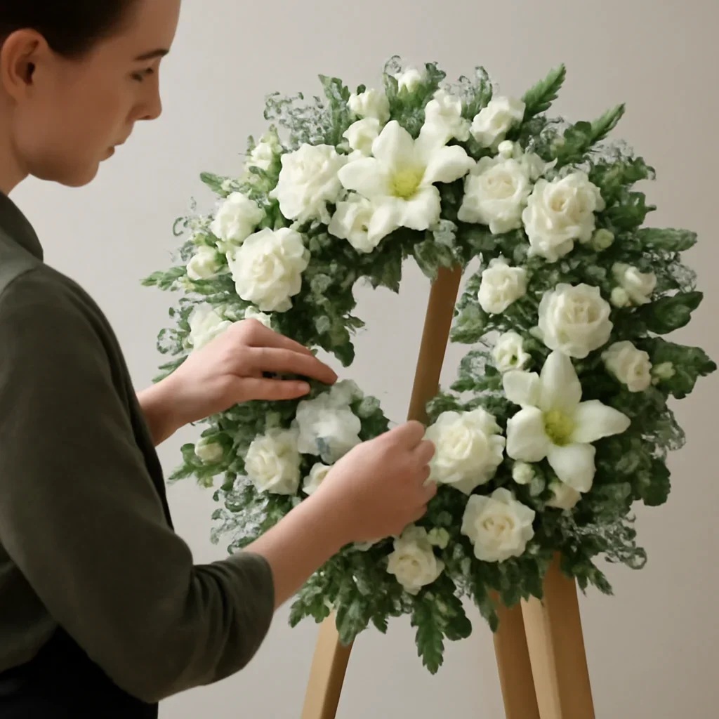 Florist carefully arranging a tribute with soft white blooms and foliage