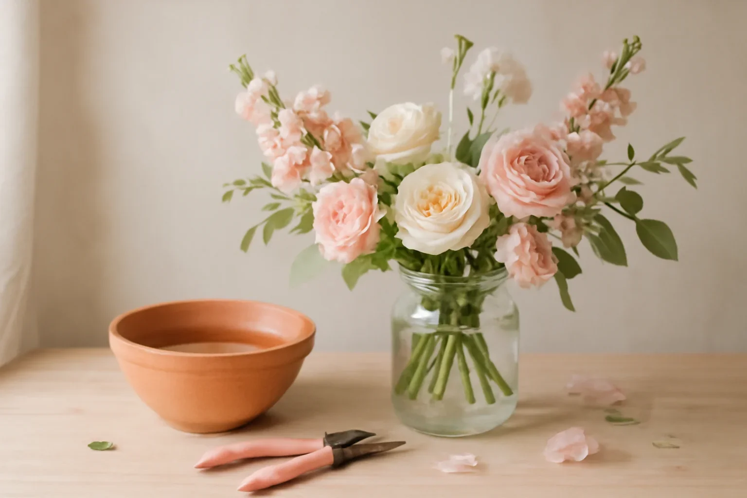 Editorial floral still life for how to care for cut flowers