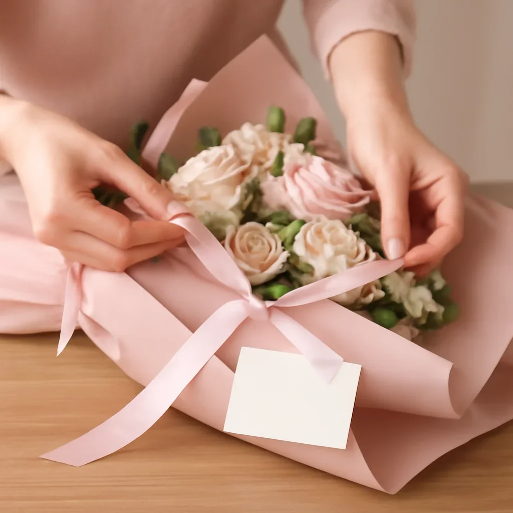 Hand-tied bouquet being wrapped in premium paper with ribbon and gift card