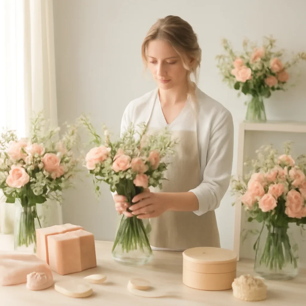 Florist arranging mixed bouquets and gifts in a calm, light-filled studio
