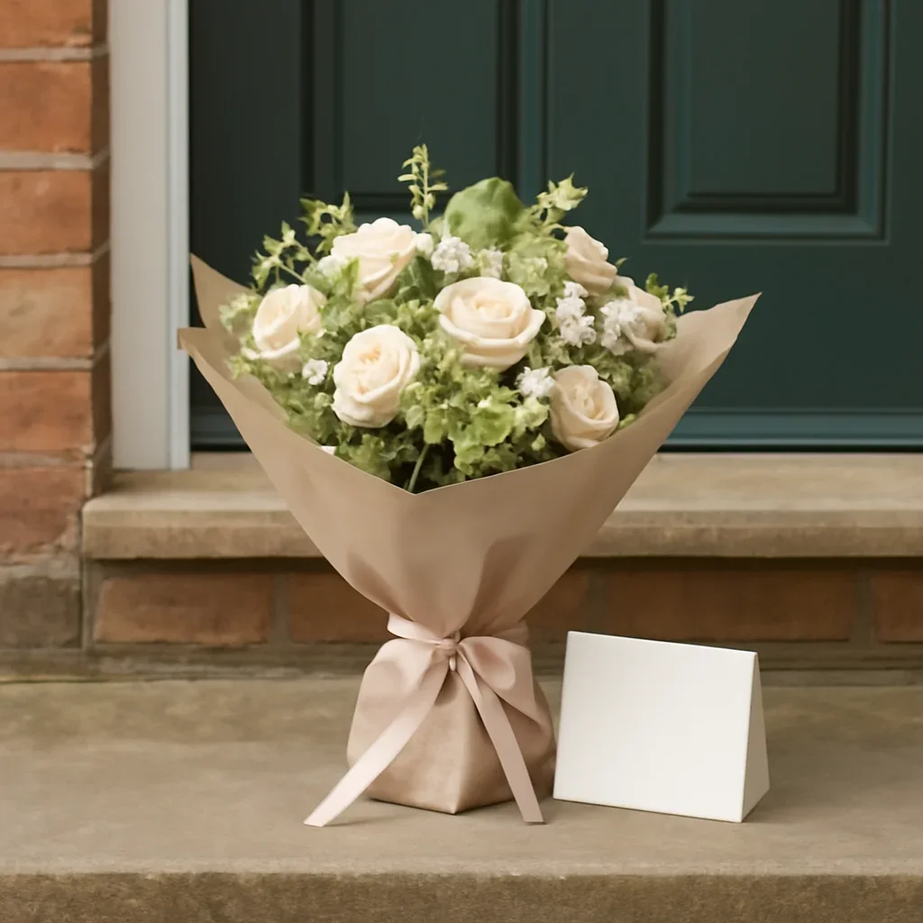 Wrapped flowers and gift card ready to leave for a home in Castleford