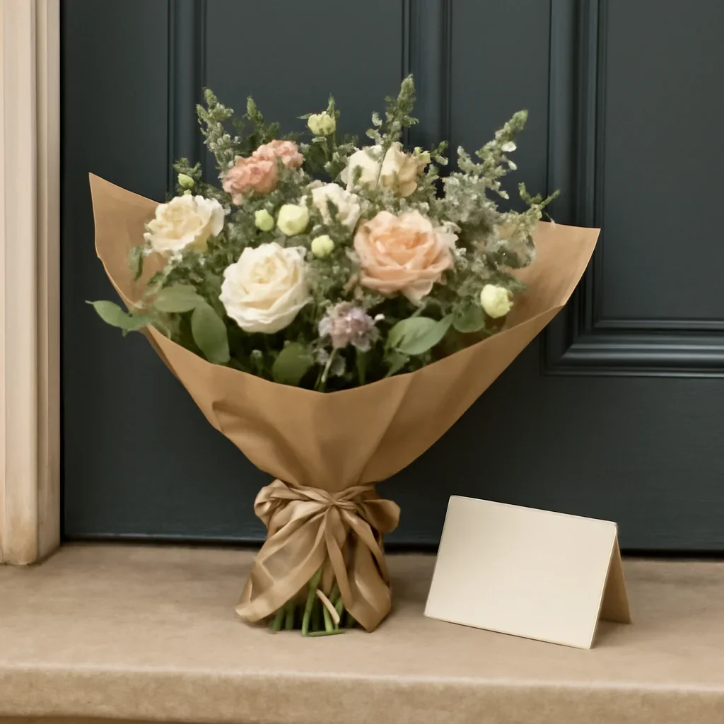 Wrapped flowers and gift card ready to leave for a home in Tadcaster