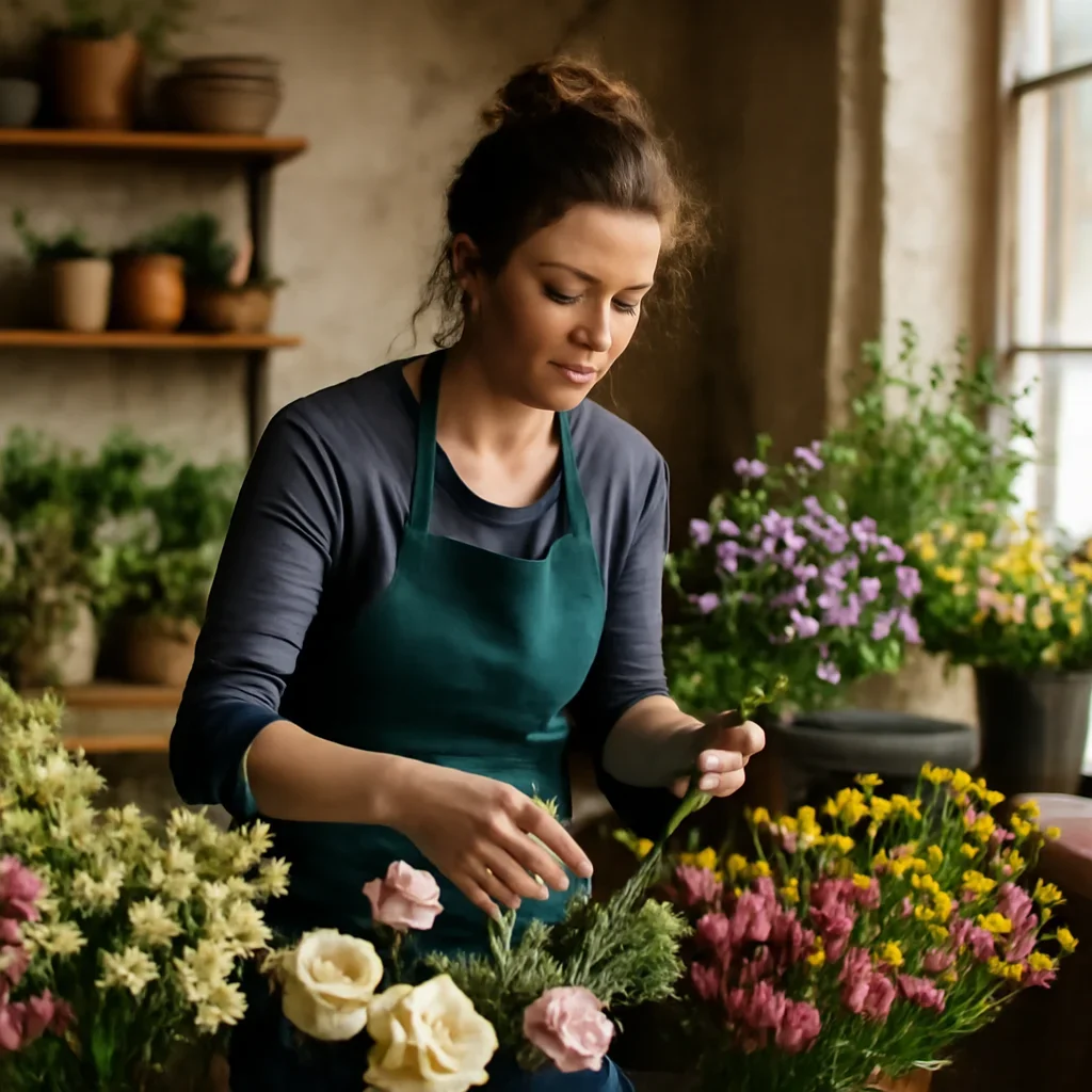 Florist selecting fresh stems for an order going to Tadcaster