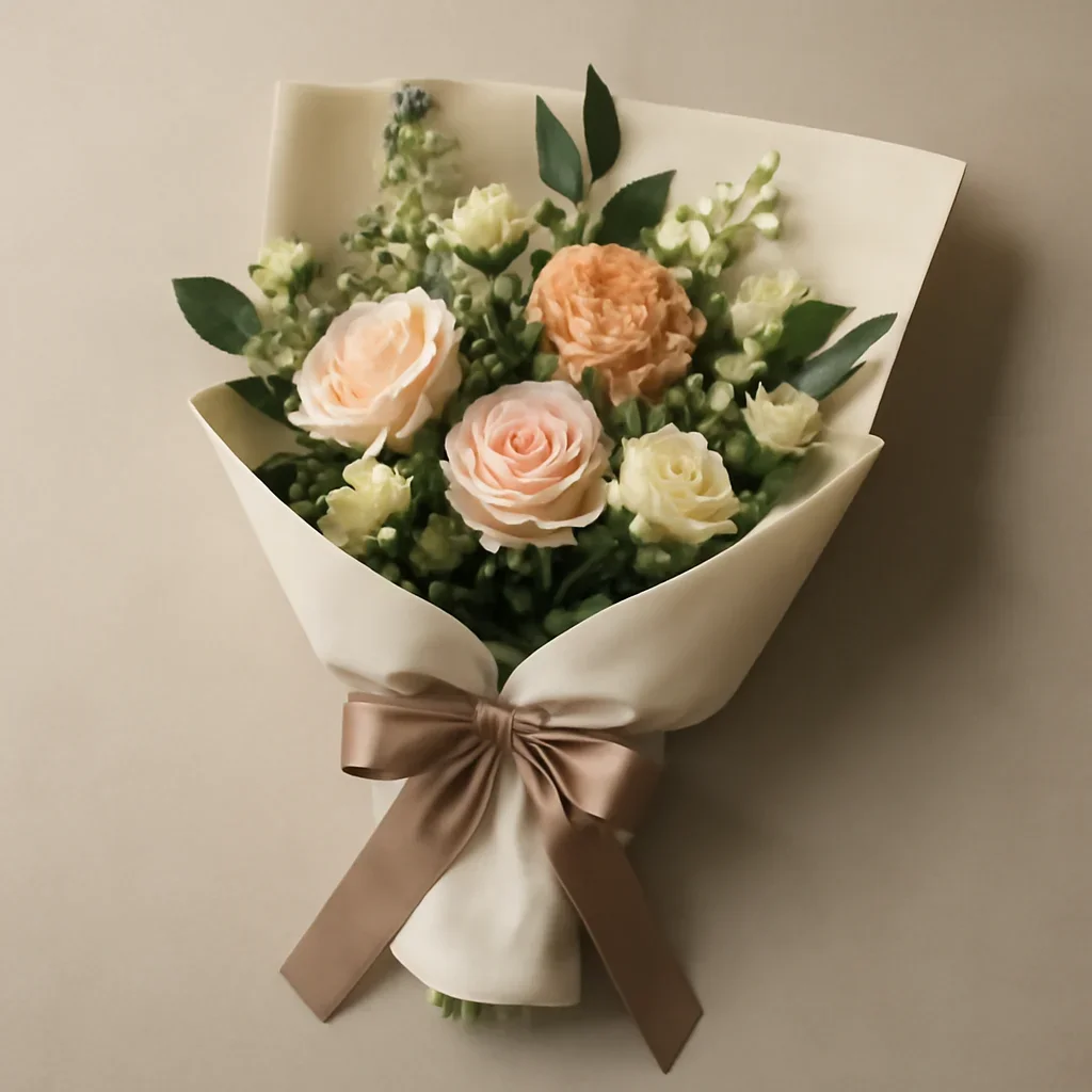 Wrapped bouquet subscription delivery with branded paper and ribbon