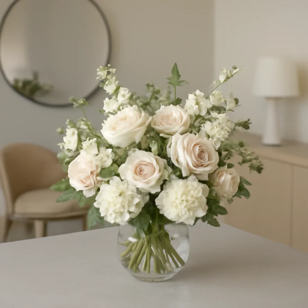 Fresh flowers arranged in a reception, salon, or dining setting