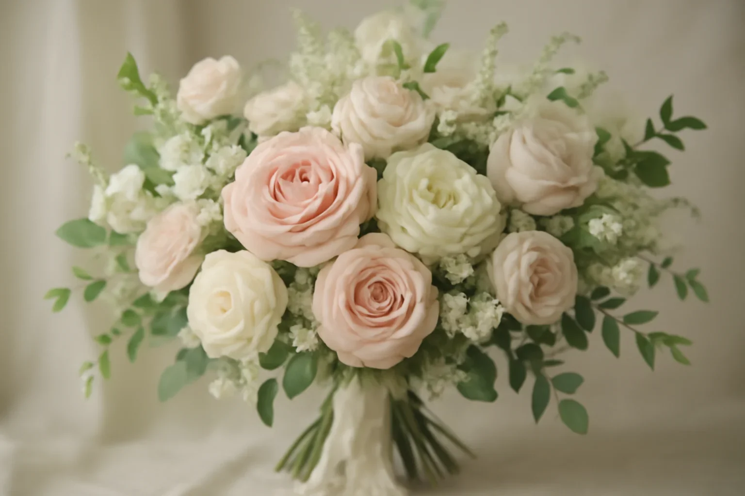 Romantic wedding flowers in soft blush, ivory, and green tones