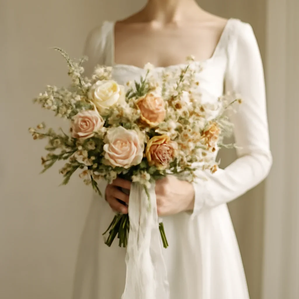 Bride holding a textured bouquet with ribbon and seasonal flowers