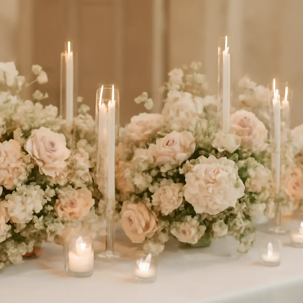 Wedding reception table flowers with candles and layered floral detail