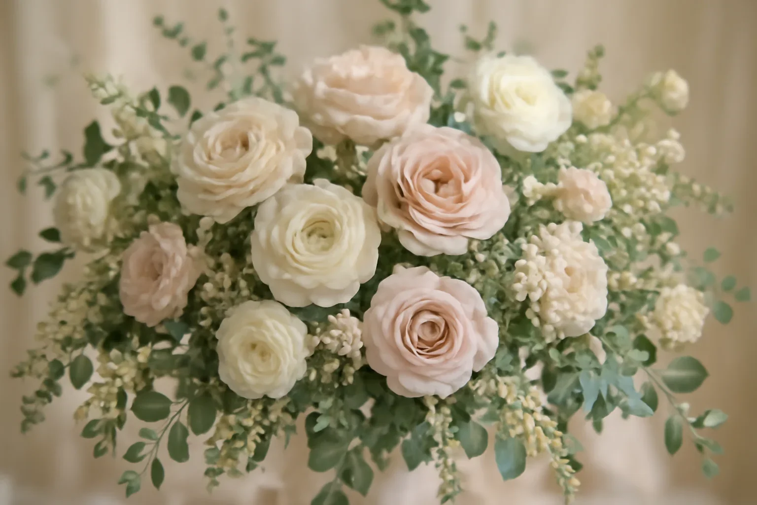 Romantic wedding flowers in soft blush, ivory, and green tones