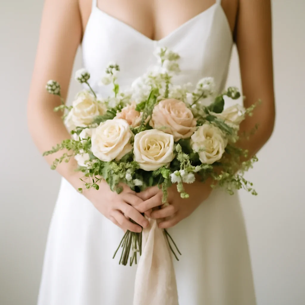 Bride holding a textured bouquet with ribbon and seasonal flowers